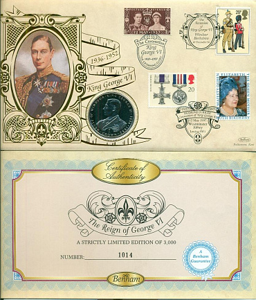 Гибралтар, 1993,1 крона,  Георг VI, конверт Англия + сертификат
